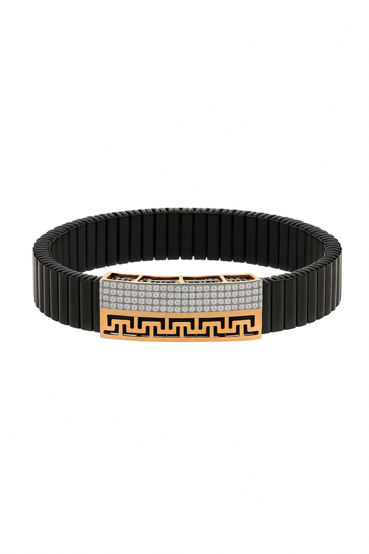 Black Rose Gold Men’s Bracelet with Greek Key Design & CZ Pavé Panel