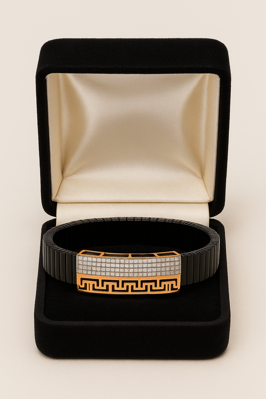 Black Rose Gold Men’s Bracelet with Greek Key Design & CZ Pavé Panel