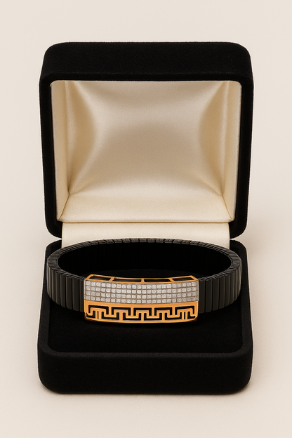 Black Rose Gold Men’s Bracelet with Greek Key Design & CZ Pavé Panel