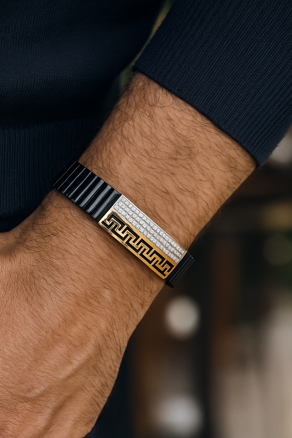 Black Rose Gold Men’s Bracelet with Greek Key Design & CZ Pavé Panel