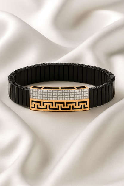 Black Rose Gold Men’s Bracelet with Greek Key Design & CZ Pavé Panel