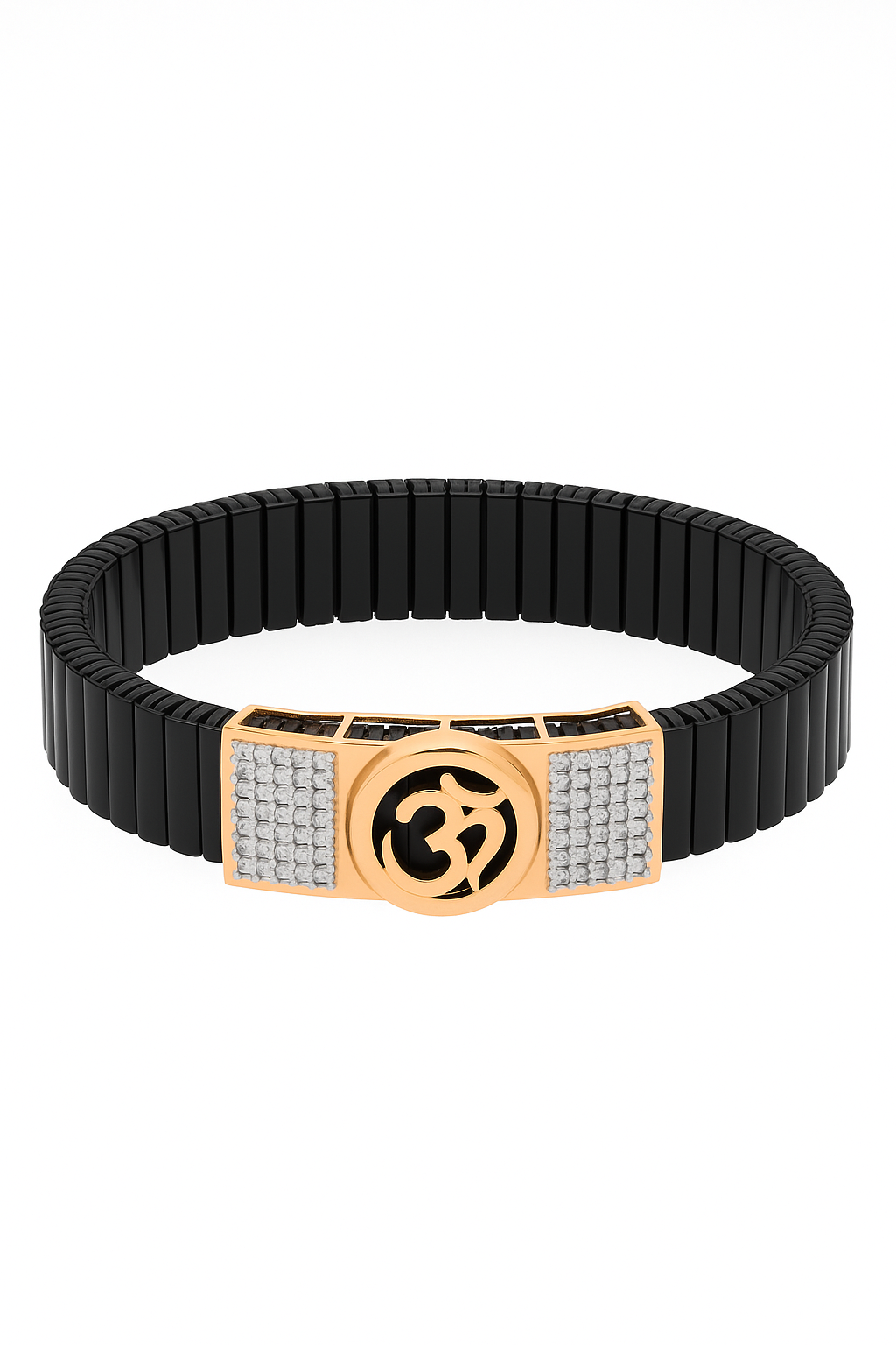 Black Rose Gold Men’s Bracelet with Om Devotional Plate & CZ Side Blocks