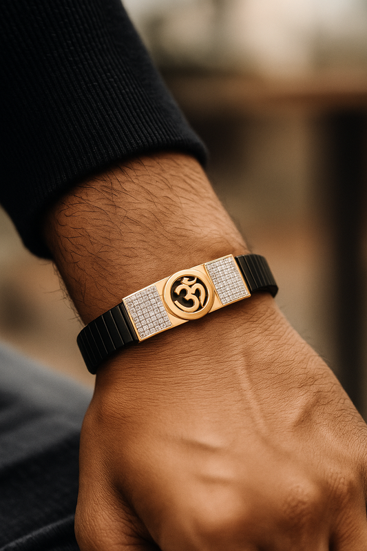 Black Rose Gold Men’s Bracelet with Om Devotional Plate & CZ Side Blocks