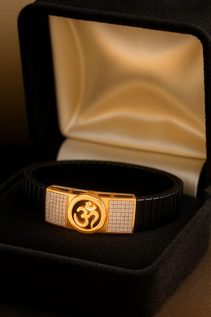 Black Rose Gold Men’s Bracelet with Om Devotional Plate & CZ Side Blocks