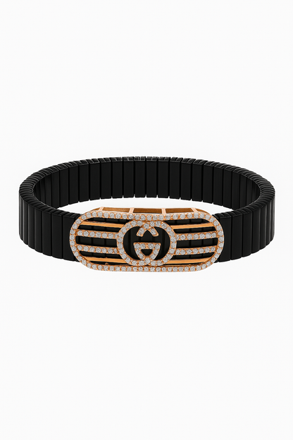 Black Rose Gold Men’s Bracelet with Double Ring Emblem & CZ Oval Frame