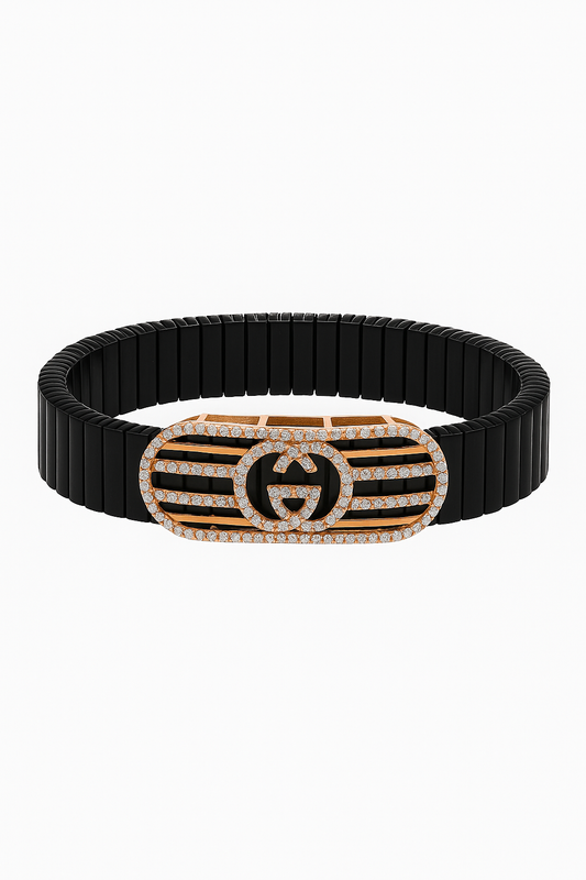 Black Rose Gold Men’s Bracelet with Double Ring Emblem & CZ Oval Frame