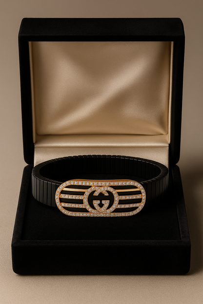 Black Rose Gold Men’s Bracelet with Double Ring Emblem & CZ Oval Frame