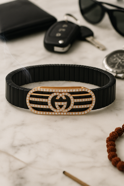 Black Rose Gold Men’s Bracelet with Double Ring Emblem & CZ Oval Frame