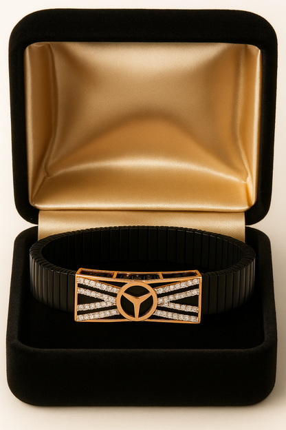Black Rose Gold Men’s Bracelet with Tri Emblem Plate & CZ Radiant Design