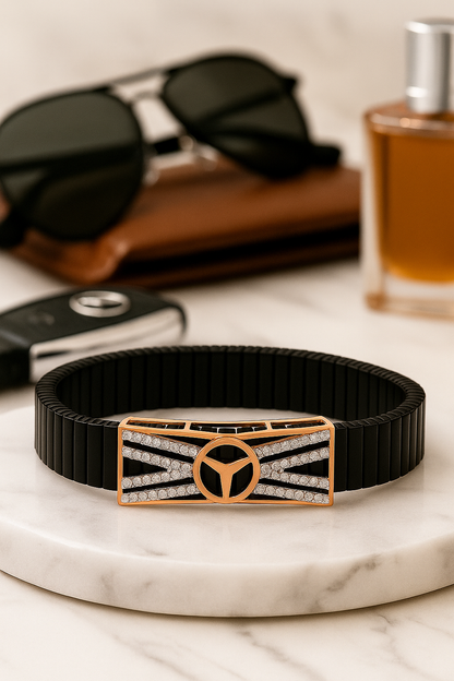 Black Rose Gold Men’s Bracelet with Tri Emblem Plate & CZ Radiant Design