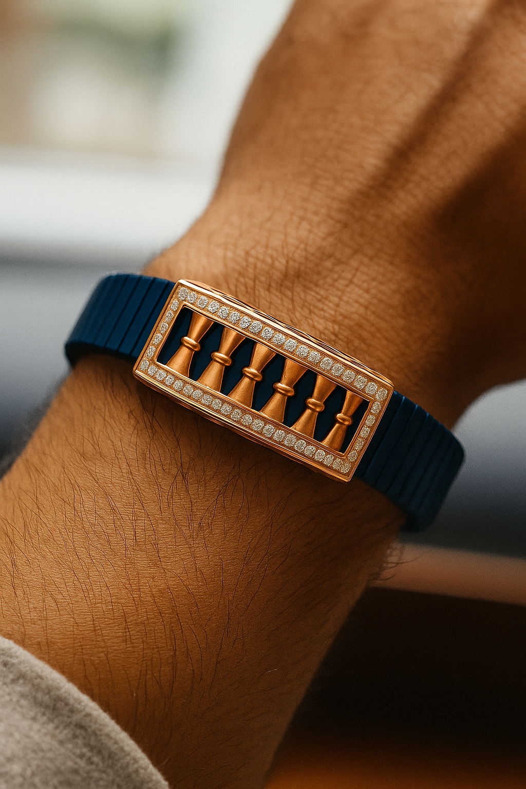 Blue Rose Gold Men’s Bracelet with Column Plate Design & CZ Frame