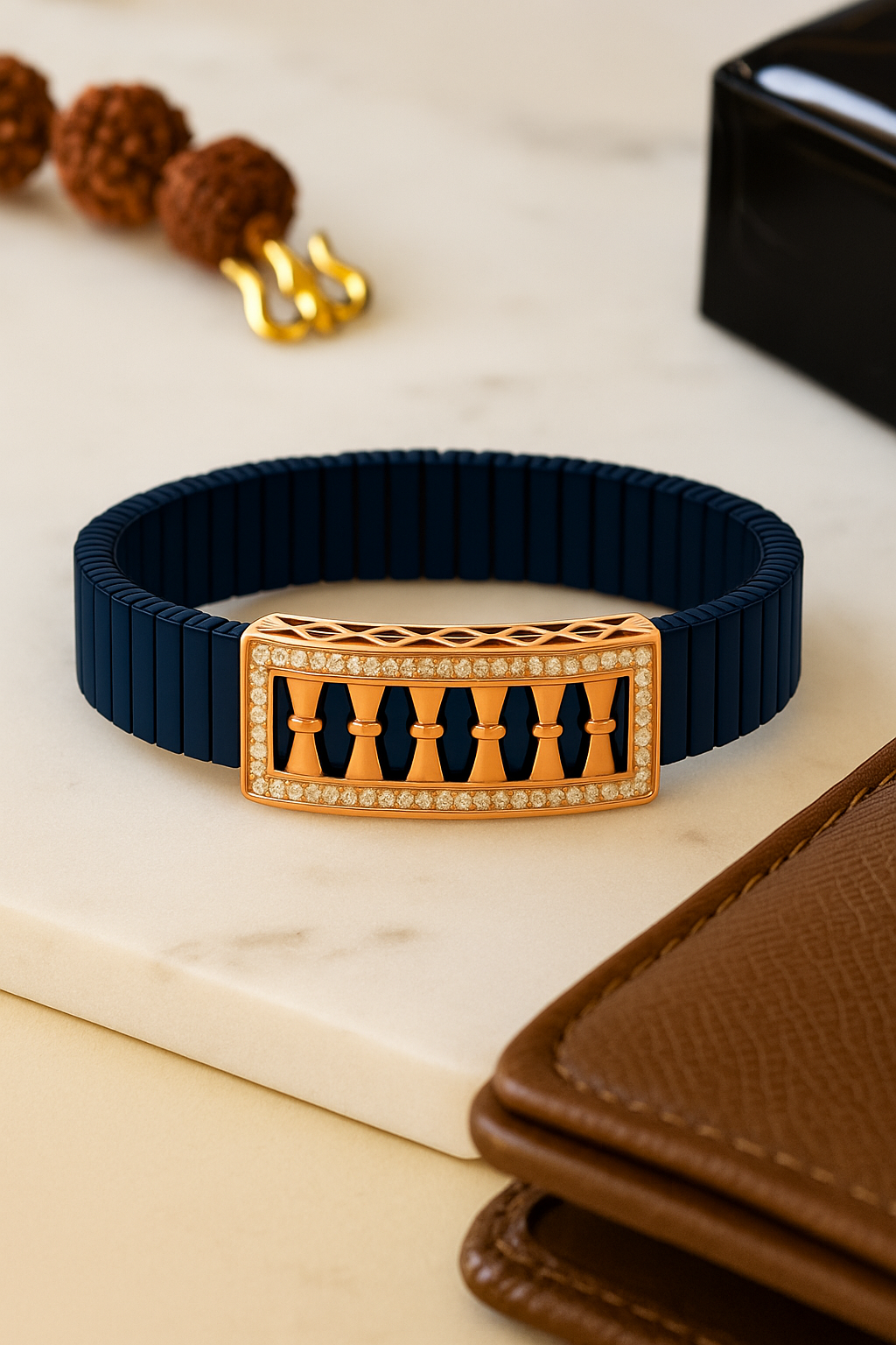 Blue Rose Gold Men’s Bracelet with Column Plate Design & CZ Frame