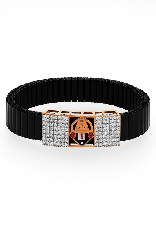 Black Rose Gold Men’s Bracelet with Tirupati Deity Plate & CZ Side Blocks