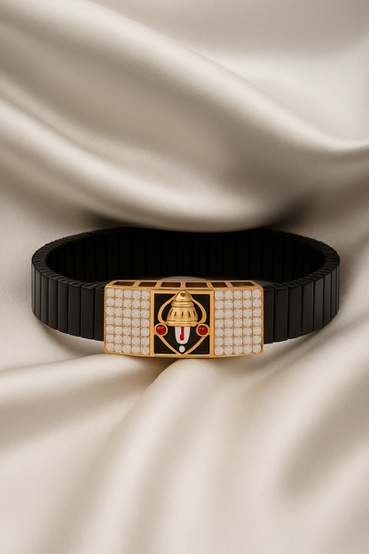 Black Rose Gold Men’s Bracelet with Tirupati Deity Plate & CZ Side Blocks