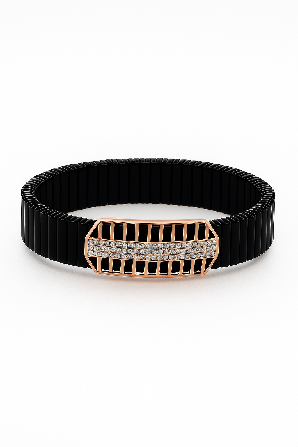 Black Silver Men’s Bracelet with Open Grid CZ Plate & Stretch Design