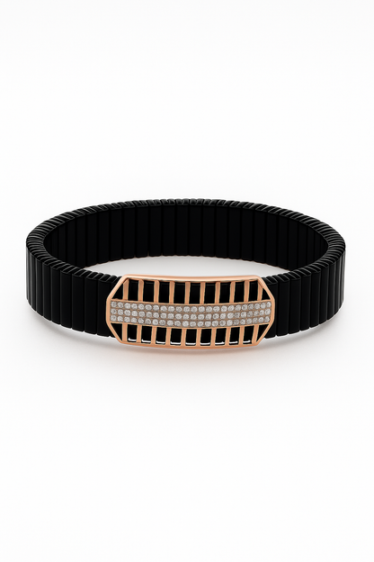 Black Silver Men’s Bracelet with Open Grid CZ Plate & Stretch Design
