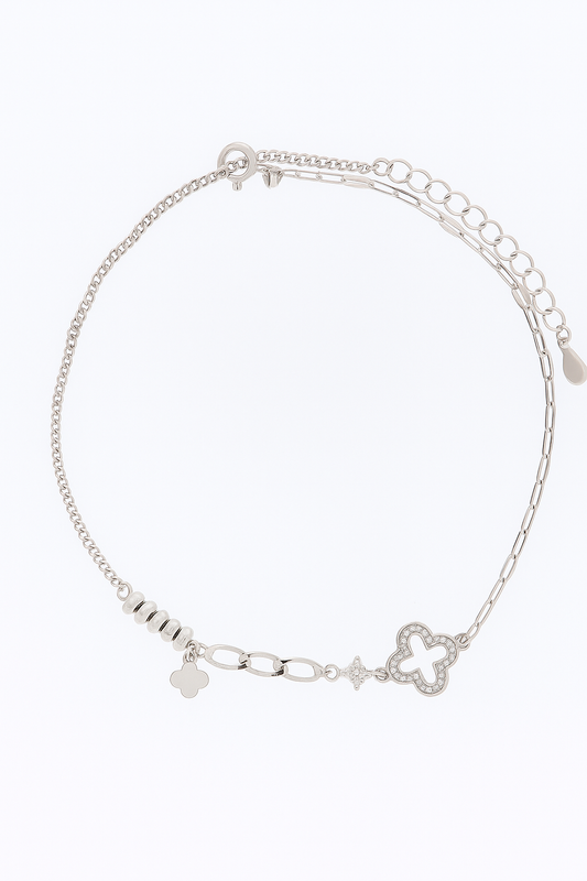 Elegant Silver Clover Charm Anklet for Women & Girls | Minimal Mixed Link Design Adjustable Fashion Anklet