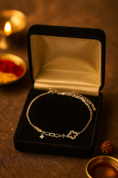 Elegant Silver Clover Charm Anklet for Women & Girls | Minimal Mixed Link Design Adjustable Fashion Anklet