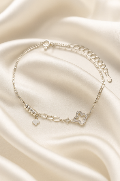 Elegant Silver Clover Charm Anklet for Women & Girls | Minimal Mixed Link Design Adjustable Fashion Anklet
