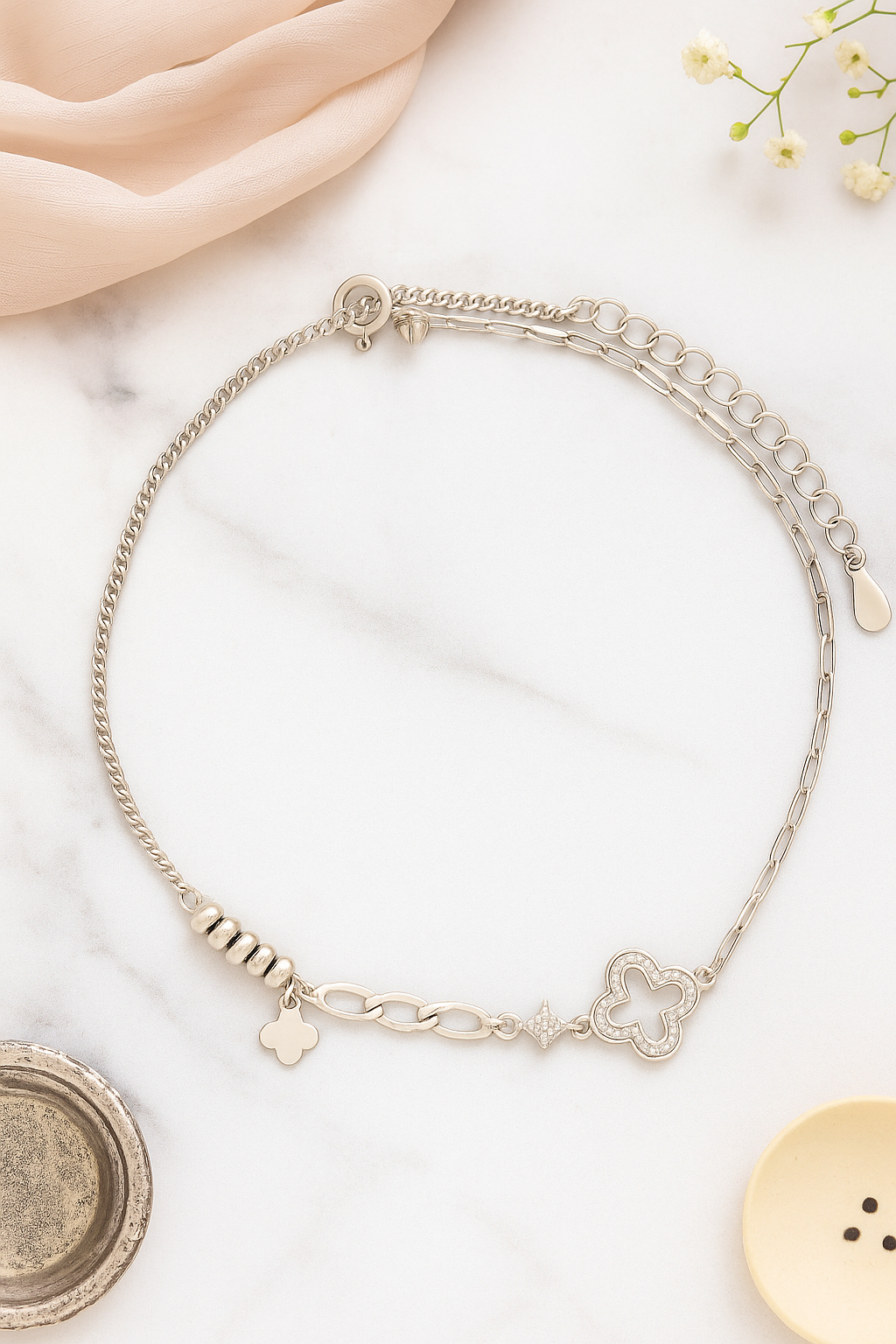 Elegant Silver Clover Charm Anklet for Women & Girls | Minimal Mixed Link Design Adjustable Fashion Anklet