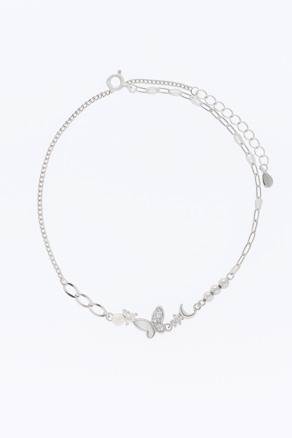 Elegant Silver Butterfly Moon Pearl Charm Anklet for Women & Girls | Mixed Link Designer Adjustable Anklet