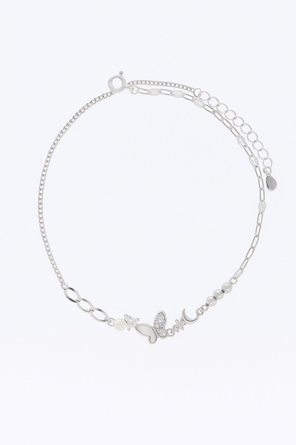Elegant Silver Butterfly Moon Pearl Charm Anklet for Women & Girls | Mixed Link Designer Adjustable Anklet