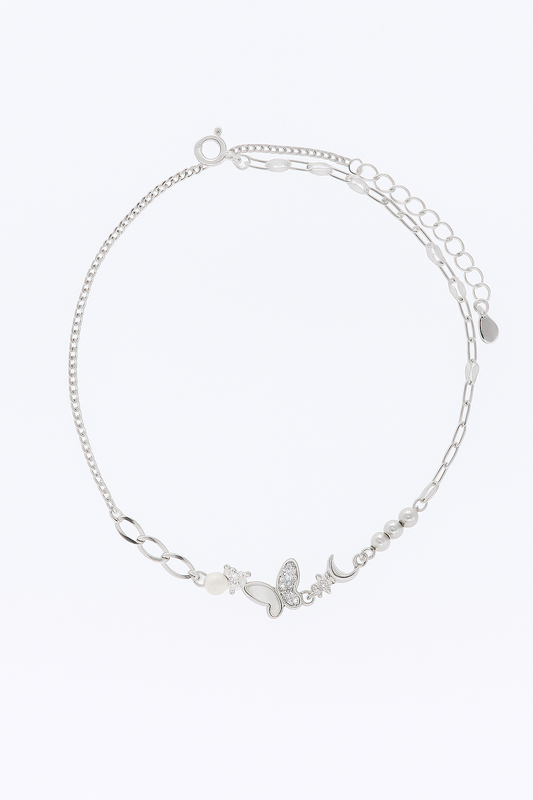 Elegant Silver Butterfly Moon Pearl Charm Anklet for Women & Girls | Mixed Link Designer Adjustable Anklet