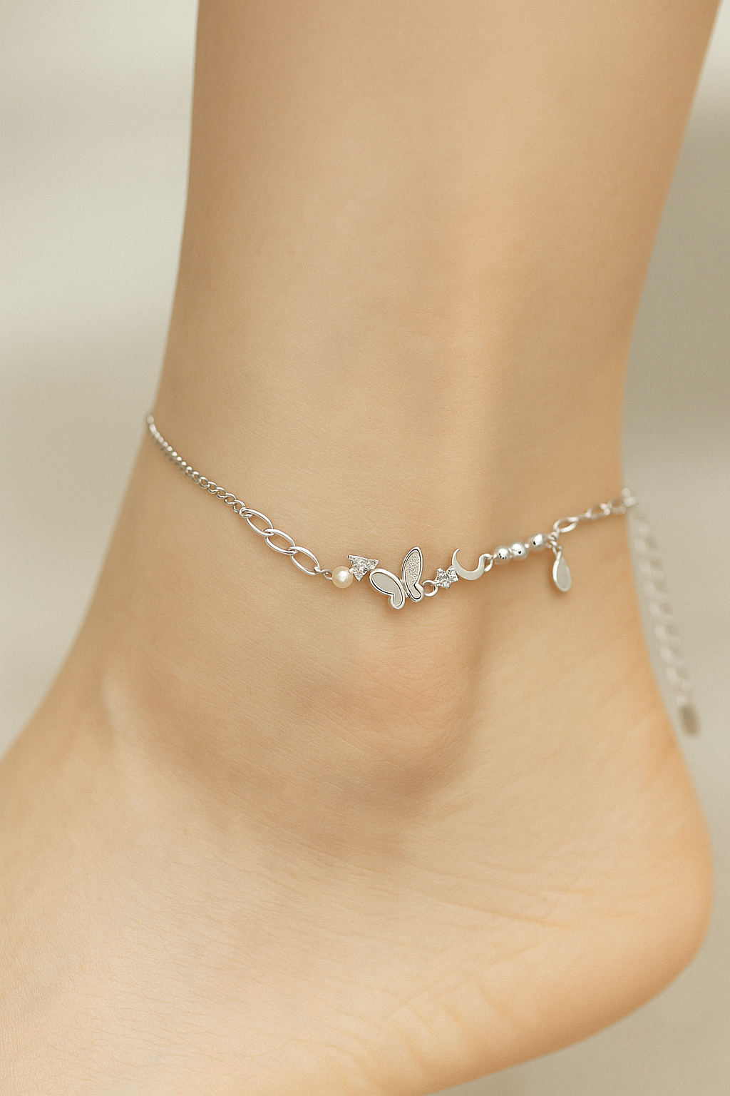 Elegant Silver Butterfly Moon Pearl Charm Anklet for Women & Girls | Mixed Link Designer Adjustable Anklet
