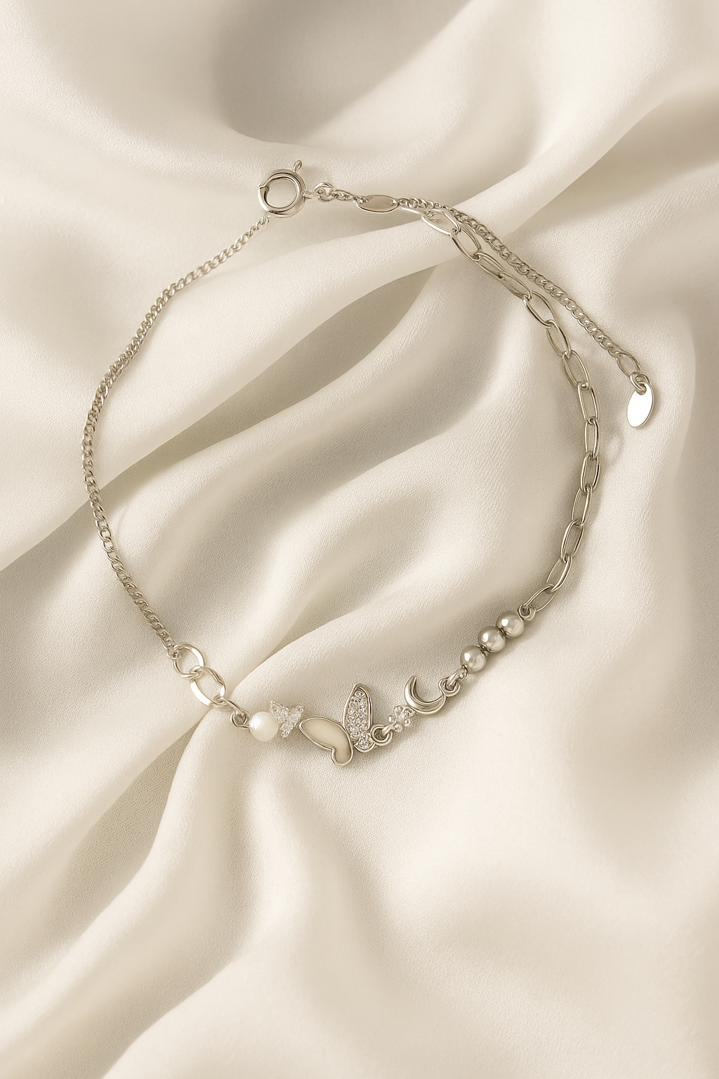 Elegant Silver Butterfly Moon Pearl Charm Anklet for Women & Girls | Mixed Link Designer Adjustable Anklet