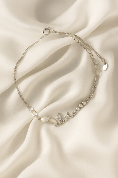 Elegant Silver Butterfly Moon Pearl Charm Anklet for Women & Girls | Mixed Link Designer Adjustable Anklet