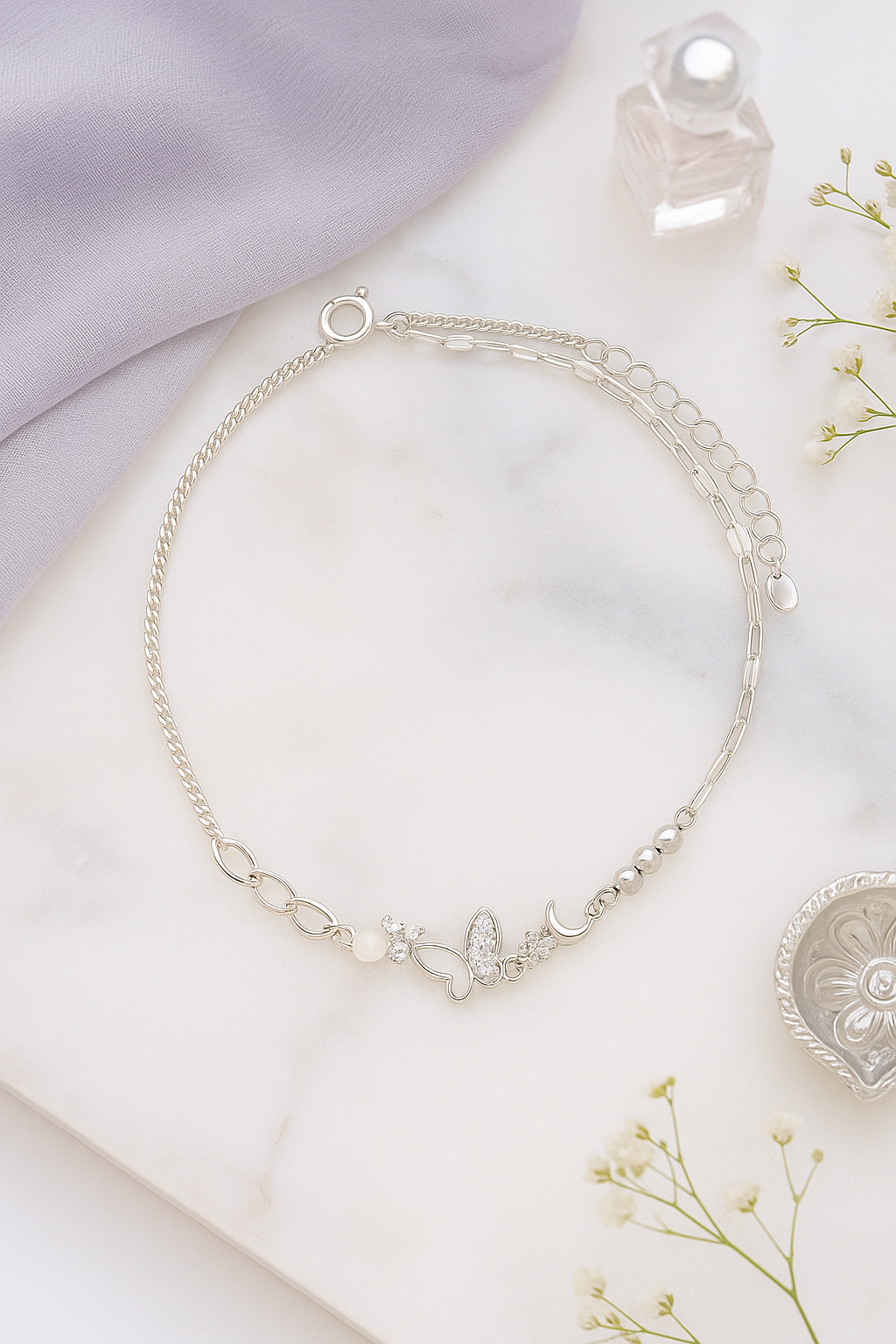 Elegant Silver Butterfly Moon Pearl Charm Anklet for Women & Girls | Mixed Link Designer Adjustable Anklet