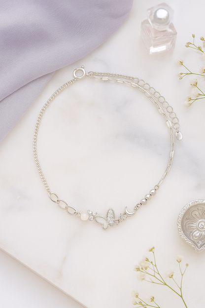 Elegant Silver Butterfly Moon Pearl Charm Anklet for Women & Girls | Mixed Link Designer Adjustable Anklet