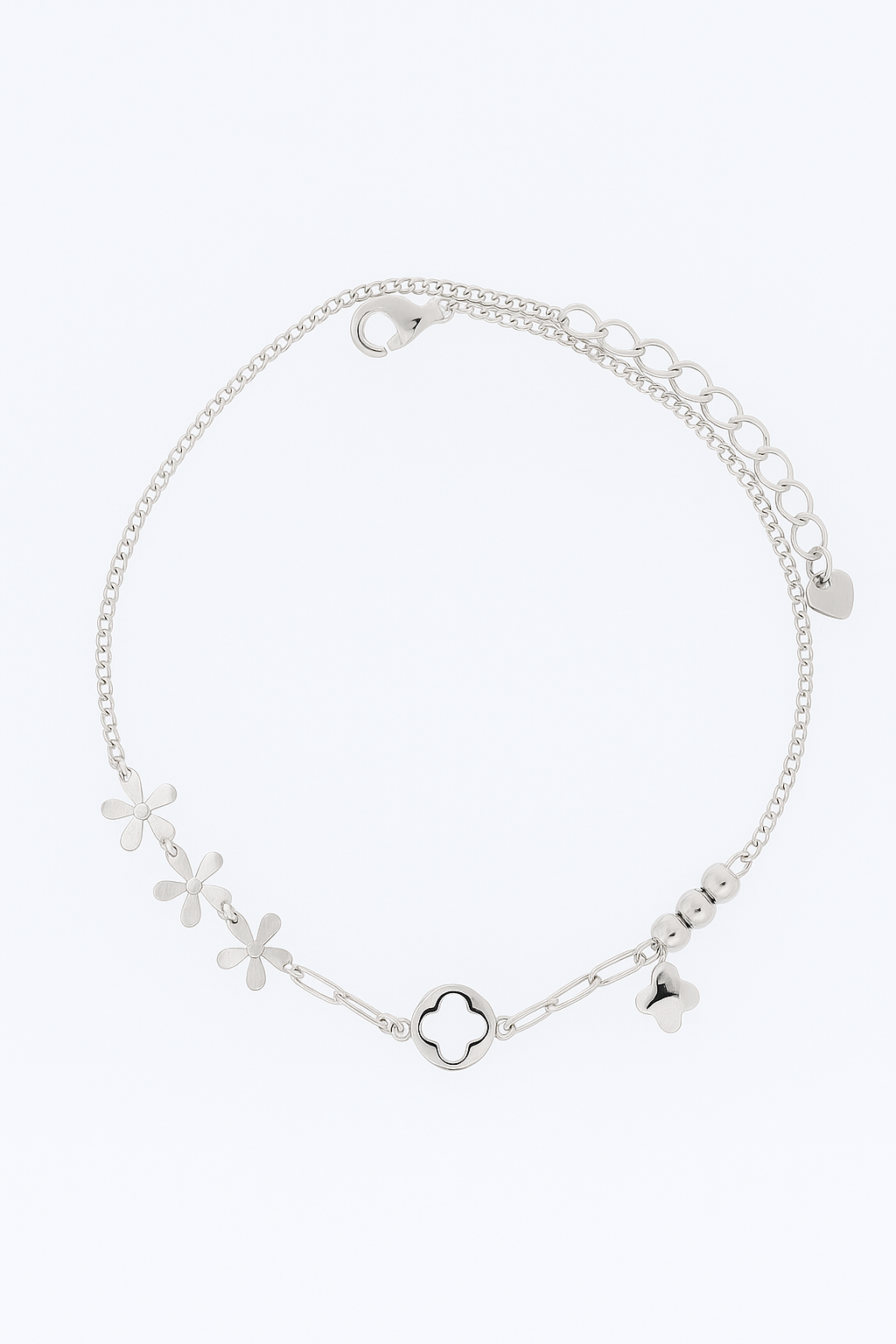 Elegant Silver Flower Clover Charm Anklet for Women & Girls | Mixed Link Designer Adjustable Anklet