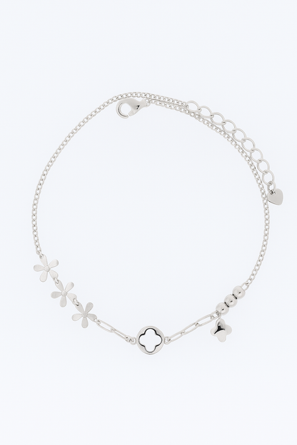 Elegant Silver Flower Clover Charm Anklet for Women & Girls | Mixed Link Designer Adjustable Anklet