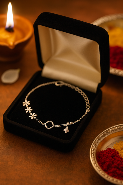 Elegant Silver Flower Clover Charm Anklet for Women & Girls | Mixed Link Designer Adjustable Anklet