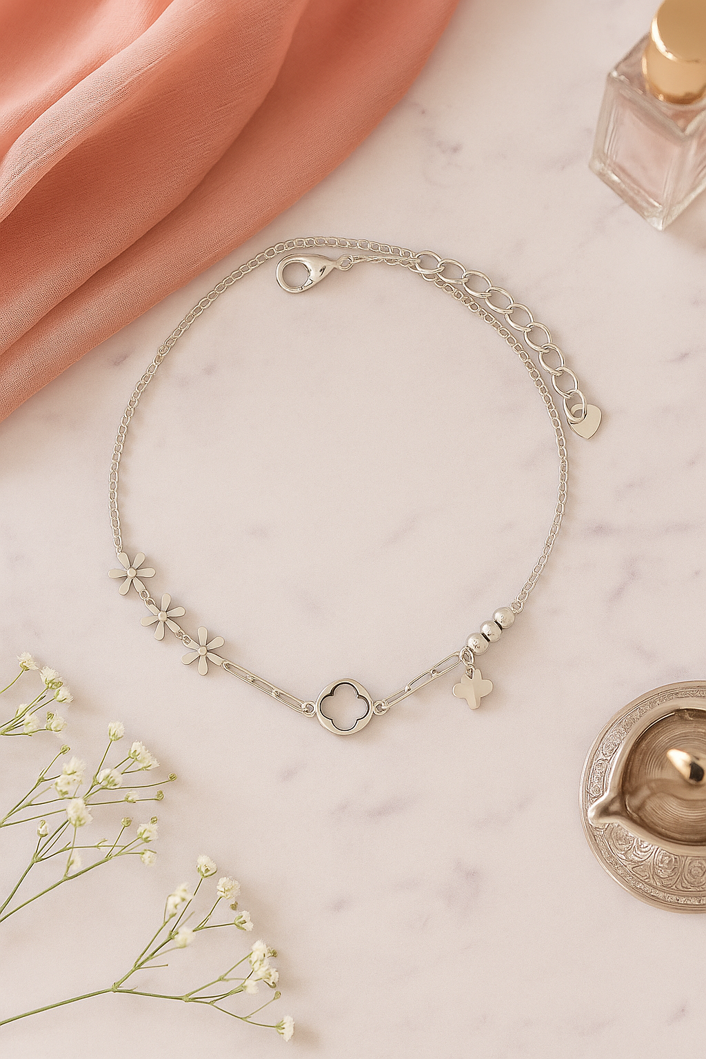 Elegant Silver Flower Clover Charm Anklet for Women & Girls | Mixed Link Designer Adjustable Anklet