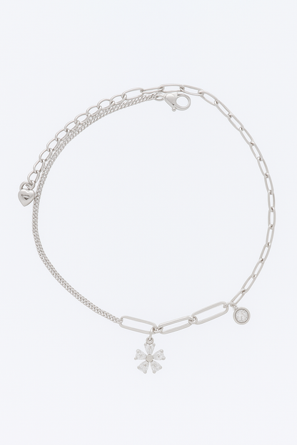 Elegant Silver CZ Flower Pendant Anklet for Women & Girls | Mixed Link Designer Adjustable Ankklet