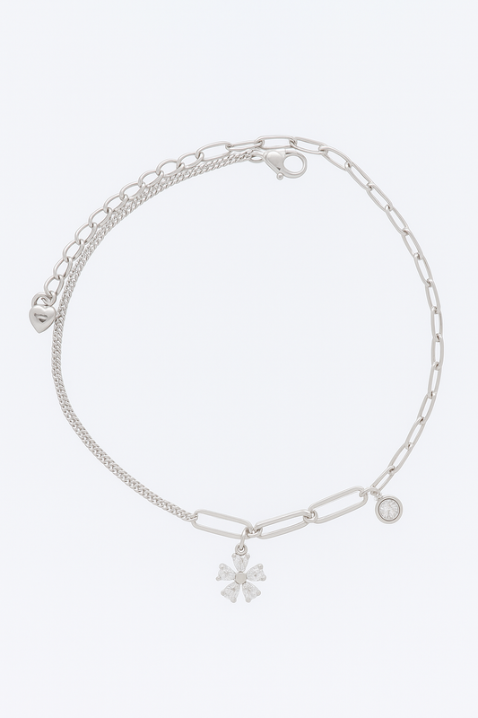 Elegant Silver CZ Flower Pendant Anklet for Women & Girls | Mixed Link Designer Adjustable Ankklet