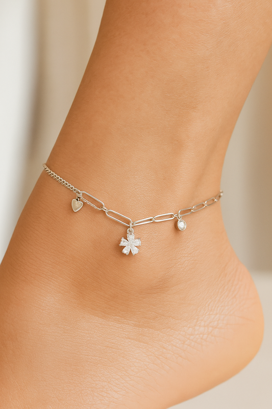Elegant Silver CZ Flower Pendant Anklet for Women & Girls | Mixed Link Designer Adjustable Ankklet