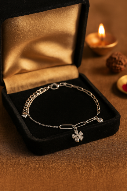 Elegant Silver CZ Flower Pendant Anklet for Women & Girls | Mixed Link Designer Adjustable Ankklet