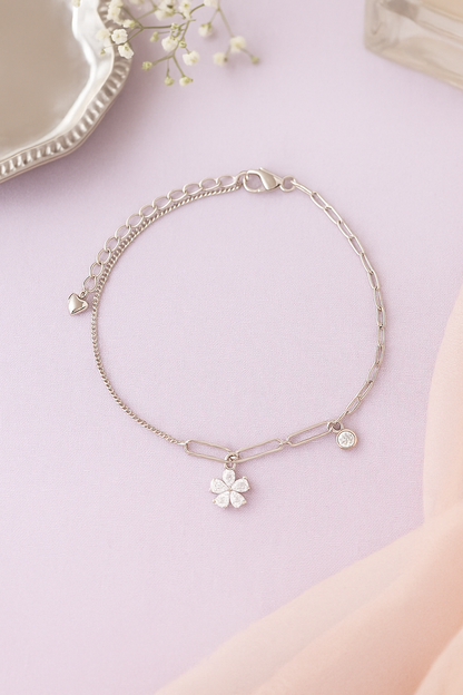 Elegant Silver CZ Flower Pendant Anklet for Women & Girls | Mixed Link Designer Adjustable Ankklet