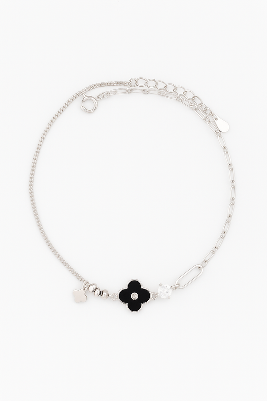 Elegant Silver Black Clover Charm Anklet for Women & Girls | Mixed Link Designer Adjustable Anklet