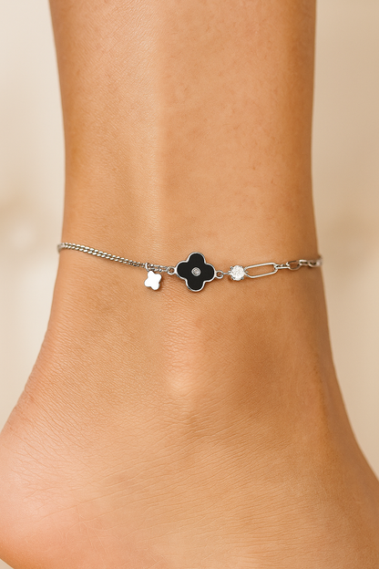 Elegant Silver Black Clover Charm Anklet for Women & Girls | Mixed Link Designer Adjustable Anklet