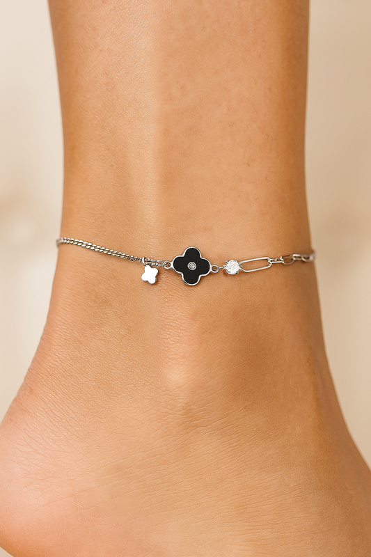 Elegant Silver Black Clover Charm Anklet for Women & Girls | Mixed Link Designer Adjustable Anklet