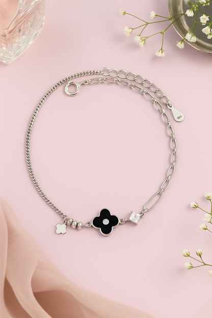 Elegant Silver Black Clover Charm Anklet for Women & Girls | Mixed Link Designer Adjustable Anklet