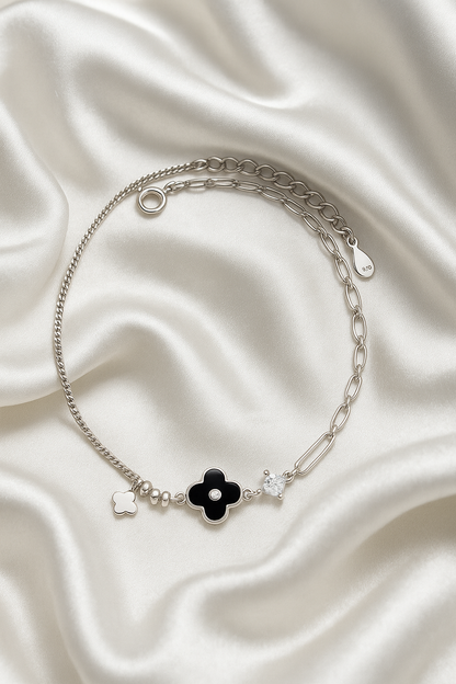 Elegant Silver Black Clover Charm Anklet for Women & Girls | Mixed Link Designer Adjustable Anklet