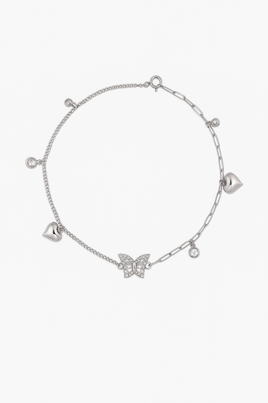 Elegant Silver Butterfly Heart Charm Anklet for Women & Girls | Mixed Link CZ Dangling Adjustable Anklet