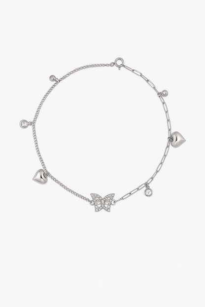 Elegant Silver Butterfly Heart Charm Anklet for Women & Girls | Mixed Link CZ Dangling Adjustable Anklet