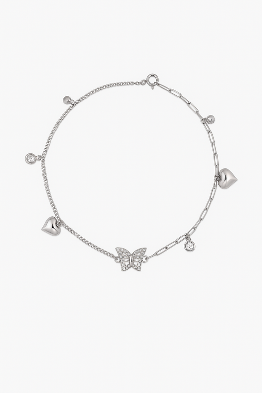 Elegant Silver Butterfly Heart Charm Anklet for Women & Girls | Mixed Link CZ Dangling Adjustable Anklet