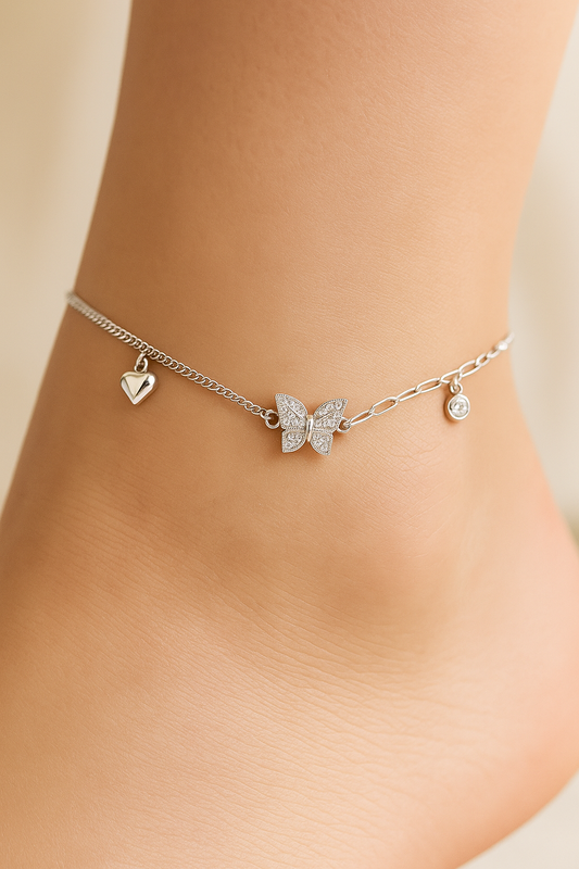 Elegant Silver Butterfly Heart Charm Anklet for Women & Girls | Mixed Link CZ Dangling Adjustable Anklet